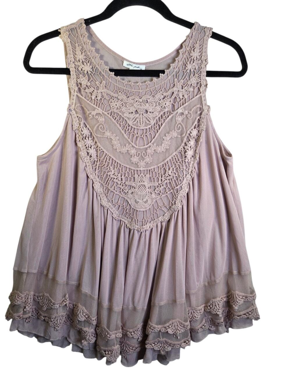 Ultra Pink Rose Blush Crochet Lace Babydoll Tank Sleeveless Medium Boho Fairy